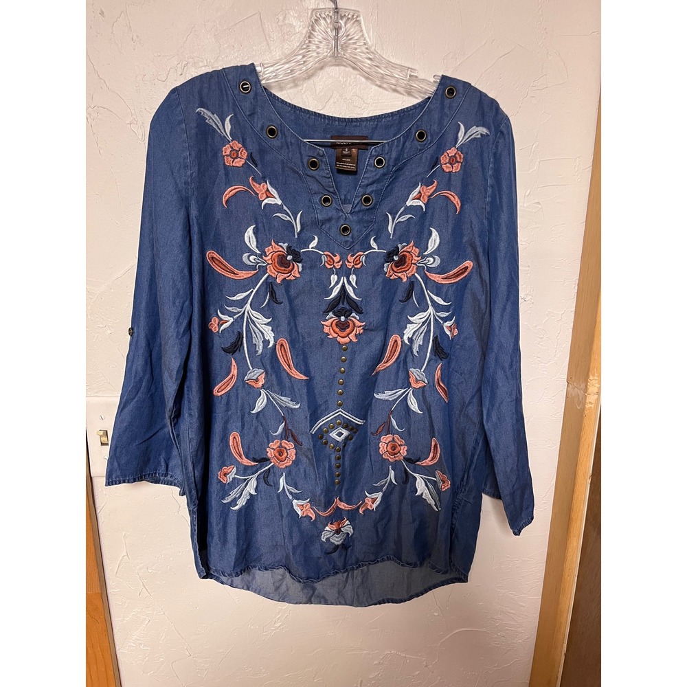 Multiples Womens Blue Embroidered Chambray Tunic Top Floral Studded Grommet S